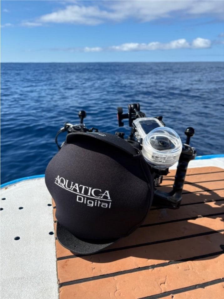 Aquatica Digital underwater housing on the boat deck, facing the ocean