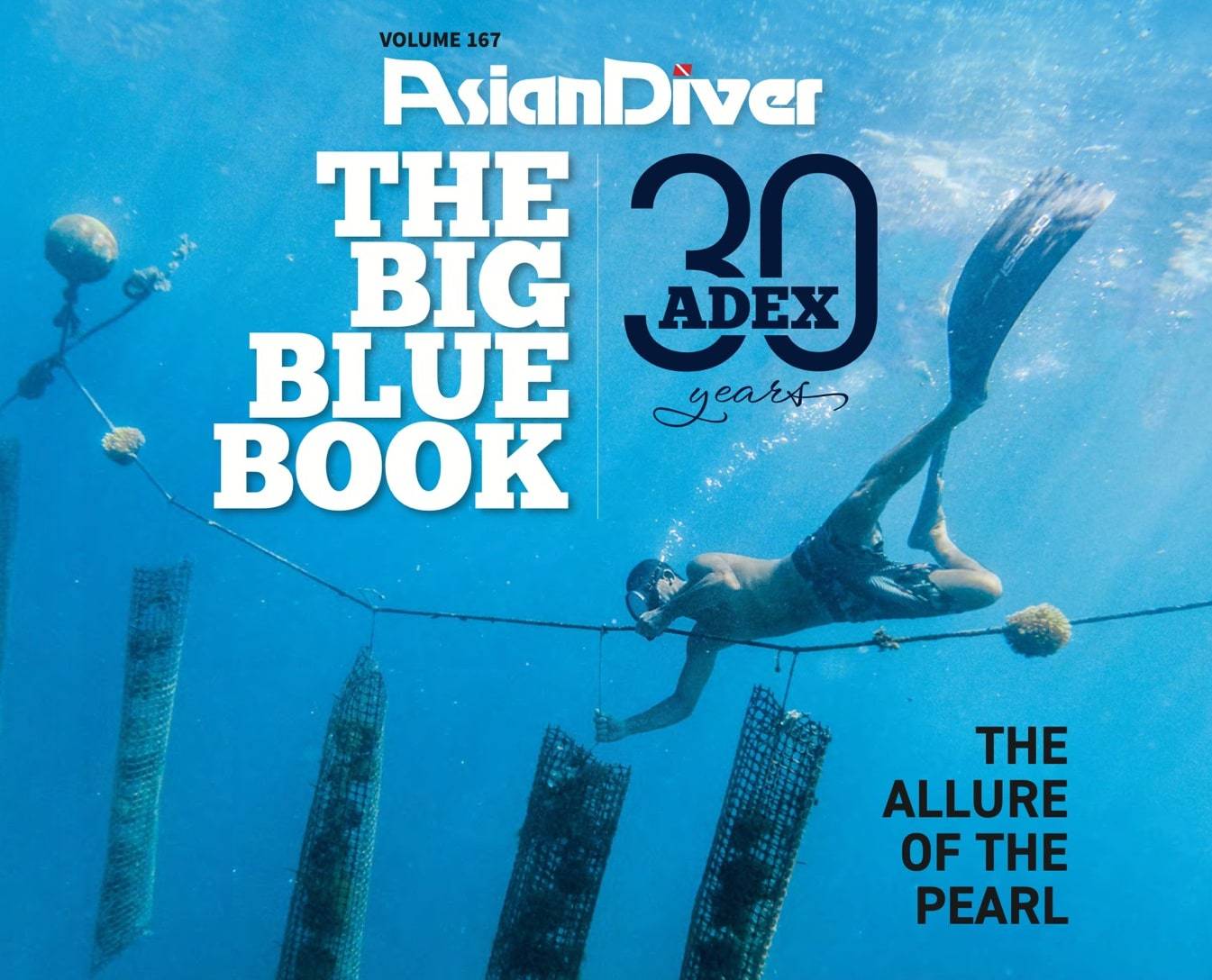 Cover of Asian Diver issue 167, “The Big Blue Book”, with a freediver above pearl farming lines