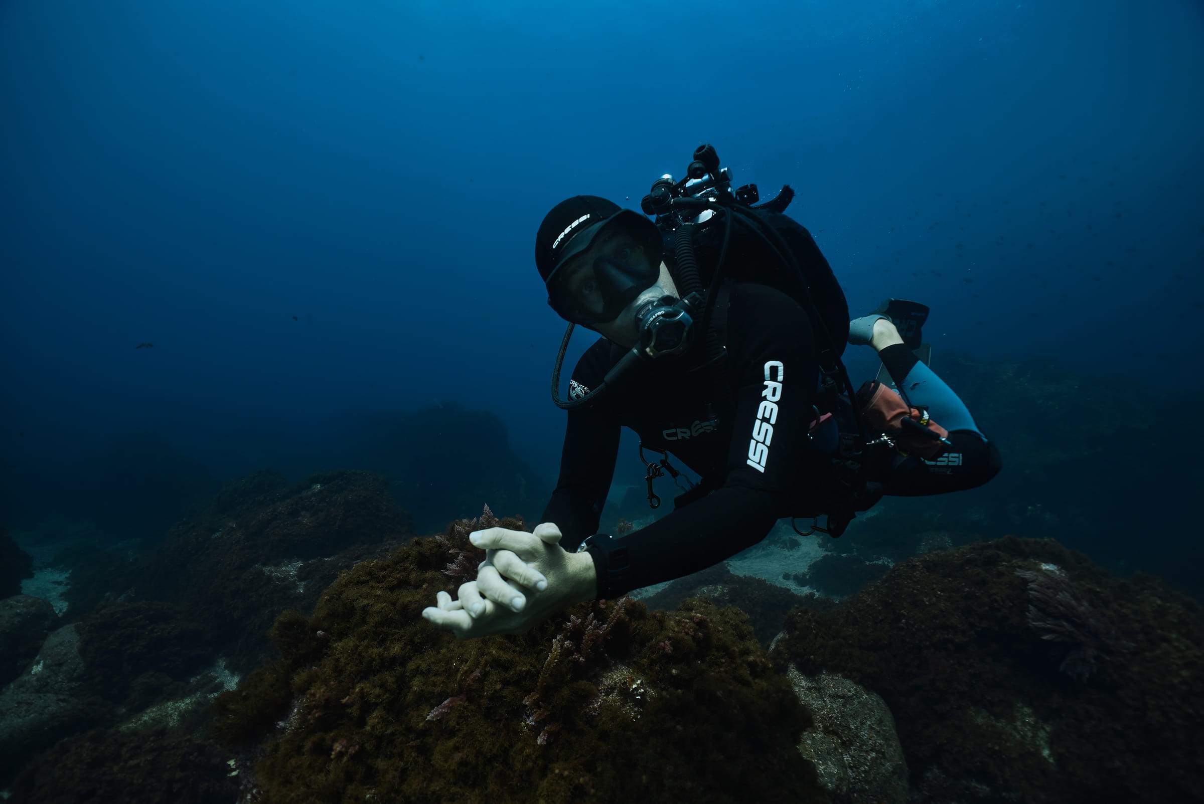 Diver in scuba gear above a rocky drop-off, in the deep blue